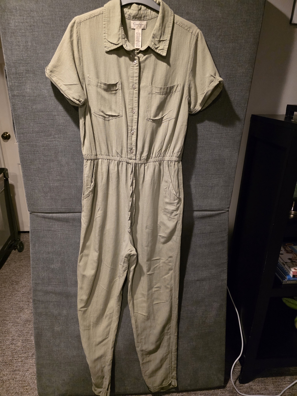 Jessica Simpson Short Sleeve Utility Jumpsuit in Sage Green Size L PTP 21 In